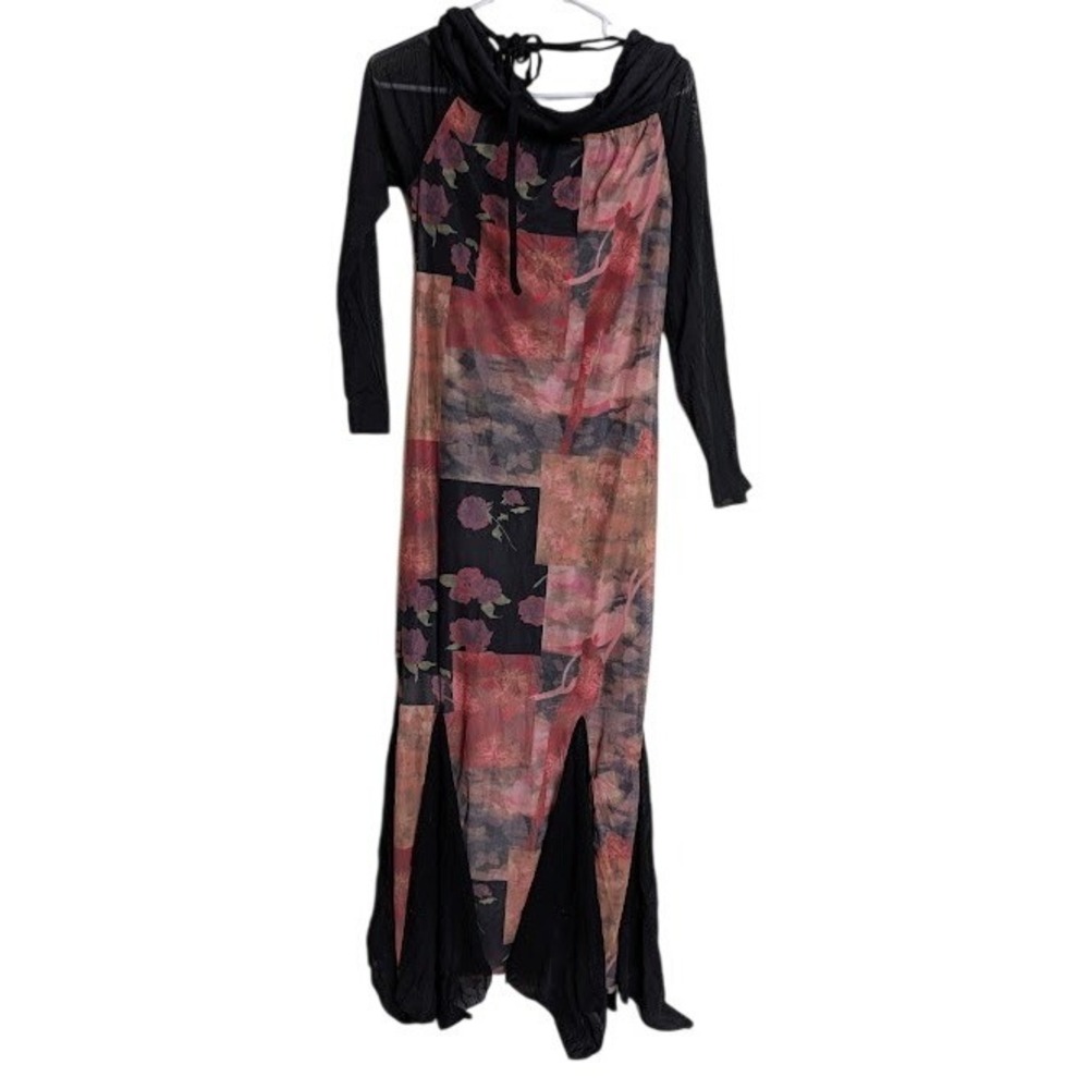 Y2K Grunge Floral Patchwork Mesh Maxi Dress Long Sleeve XL Goth Black Sheer - Picture 4 of 5